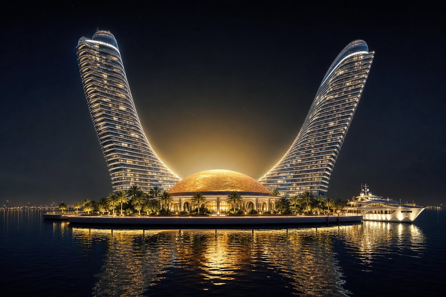 Flying Eagle at night — twin towers and a glowing dome on the water